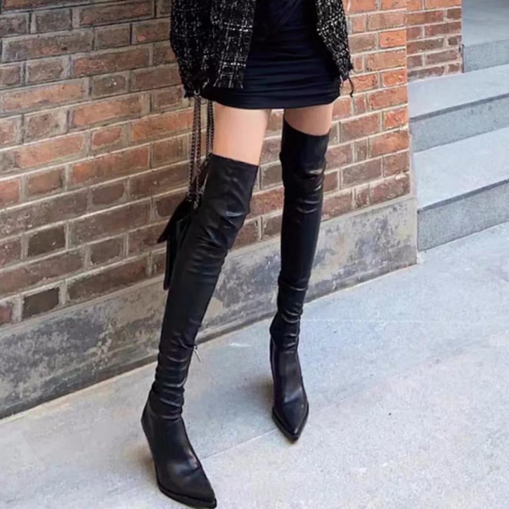 Leisure Over Knee Boots Female Spring Autumn Casual ZIP Fashion Women Shoes Hoof High Heels Solid Leather Motorcycle Boots