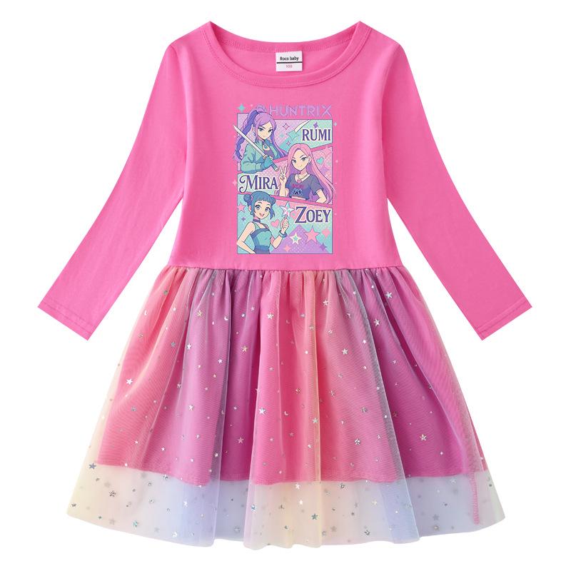 Korean Style Kpop Demon Slayer Mesh Princess Dress for Girls - Short/Long Sleeve Options