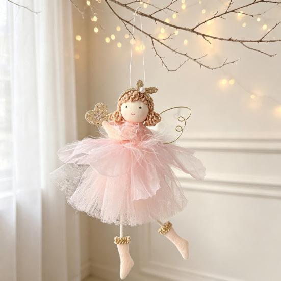 Elegant Christmas Room Furnishings Angel Doll Hanging Ornaments with Lace Mesh And Glitter Wings for Fairy Tale Style Tree Decoration, Fabric Pendant