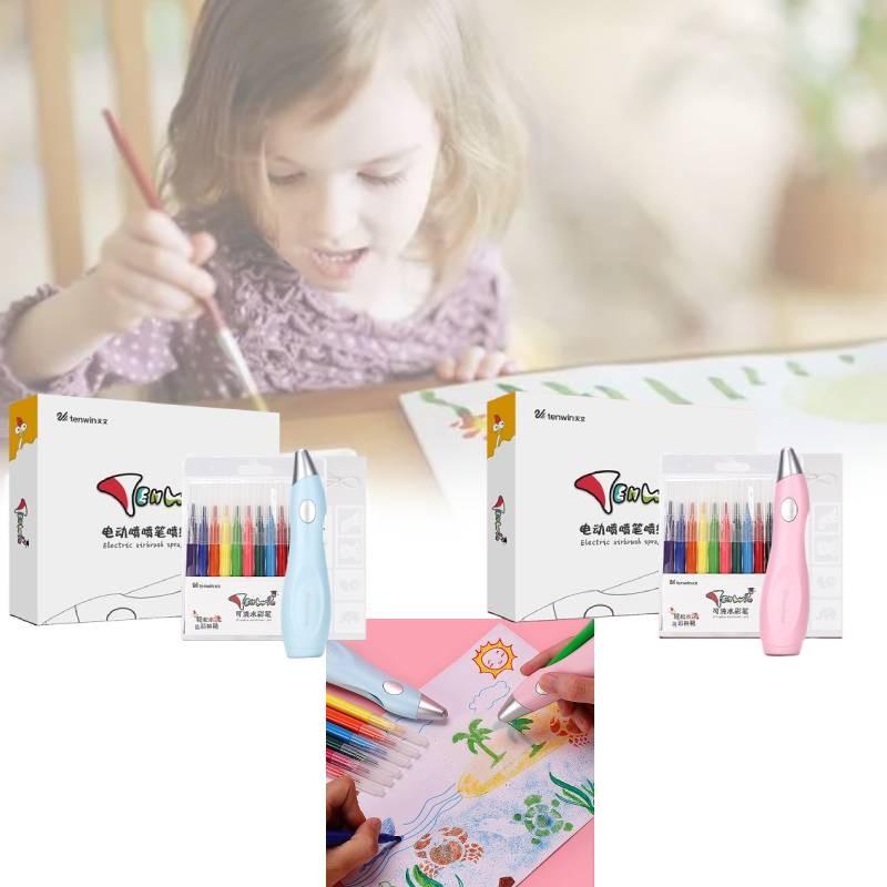 Paint Electric Spray Pen Airbrush Set Children 12 Felt Pens 19 Stencils Drawing