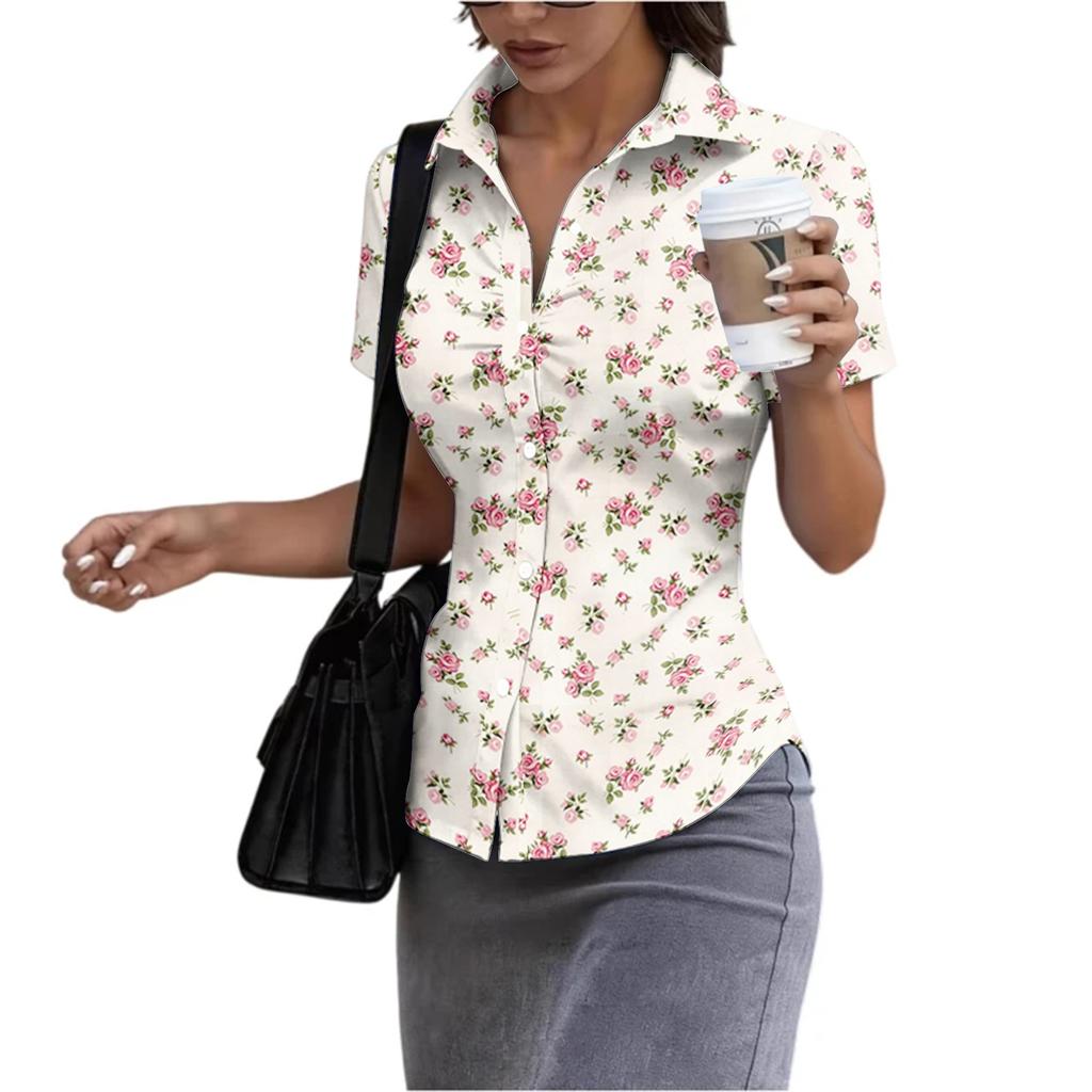 Damen Kurzarm Hemdbluse Slim Fit Knopfleiste Sommer Leichtes Bedrucktes Oberteil für Büro und Freizeit