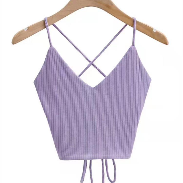 

Літній новий сексуальний красуня красива спина хрест краватка рядок в язаний базовий топ V-подібним вирізом висока талія майка топ жіночий Tide One size