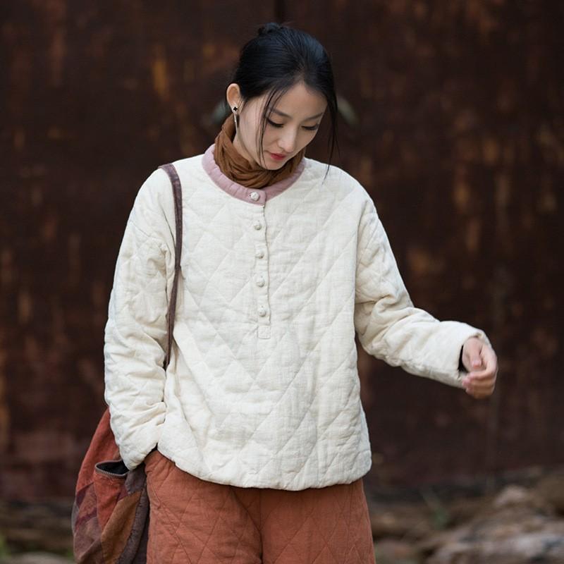 

Johnature Women Vintage Winter O-Neck Long Sleeve Solid Color Coats Button Pullover Warm Coats One Size бежевий