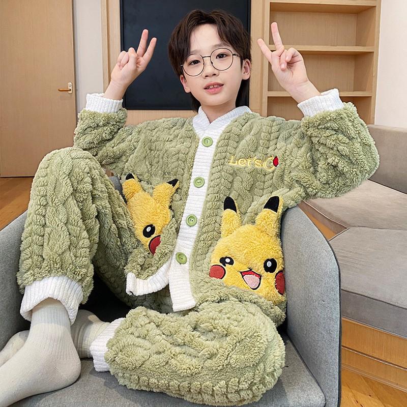 Boys Warm Coral Fleece Pajamas Set Thick Winter Sleepwear Kids Teens Comfortable Home Wear