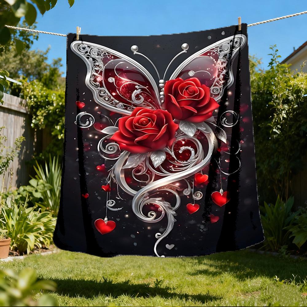 1 Stück Schmetterling Rosen Herz Outdoor Flanelldecke Weiche Ganzjahres Polyesterdecke, Perfekt für Picknicks & Reisen, Picknickzubehör