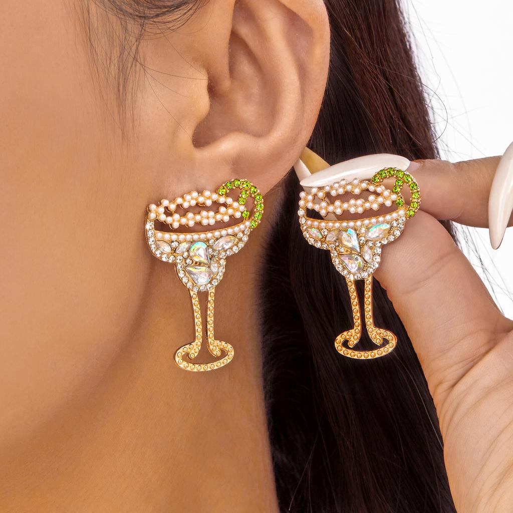 Creative Cocktail Cup Series Design Drop Earrings for Women Imitation Pearl Crystal Rhinestone Goblet Earring Fashion Jewelry
