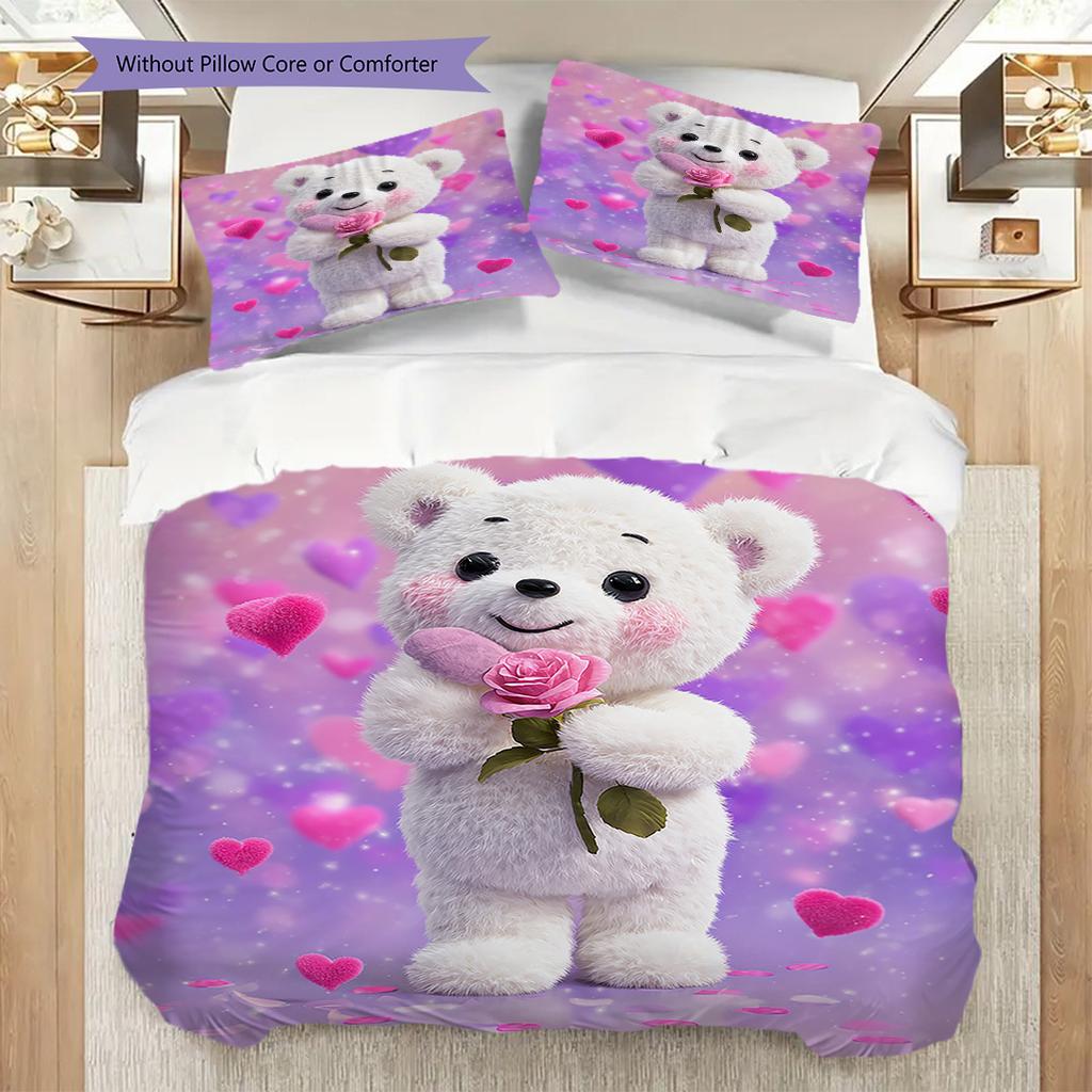 Bear Doll Pattern Bedding Quilt Set Quilt Cover Pillowcase Home Decoration Birthday Gift (1 * Duvet Cover + 2 * Pillowcase, Without Core)