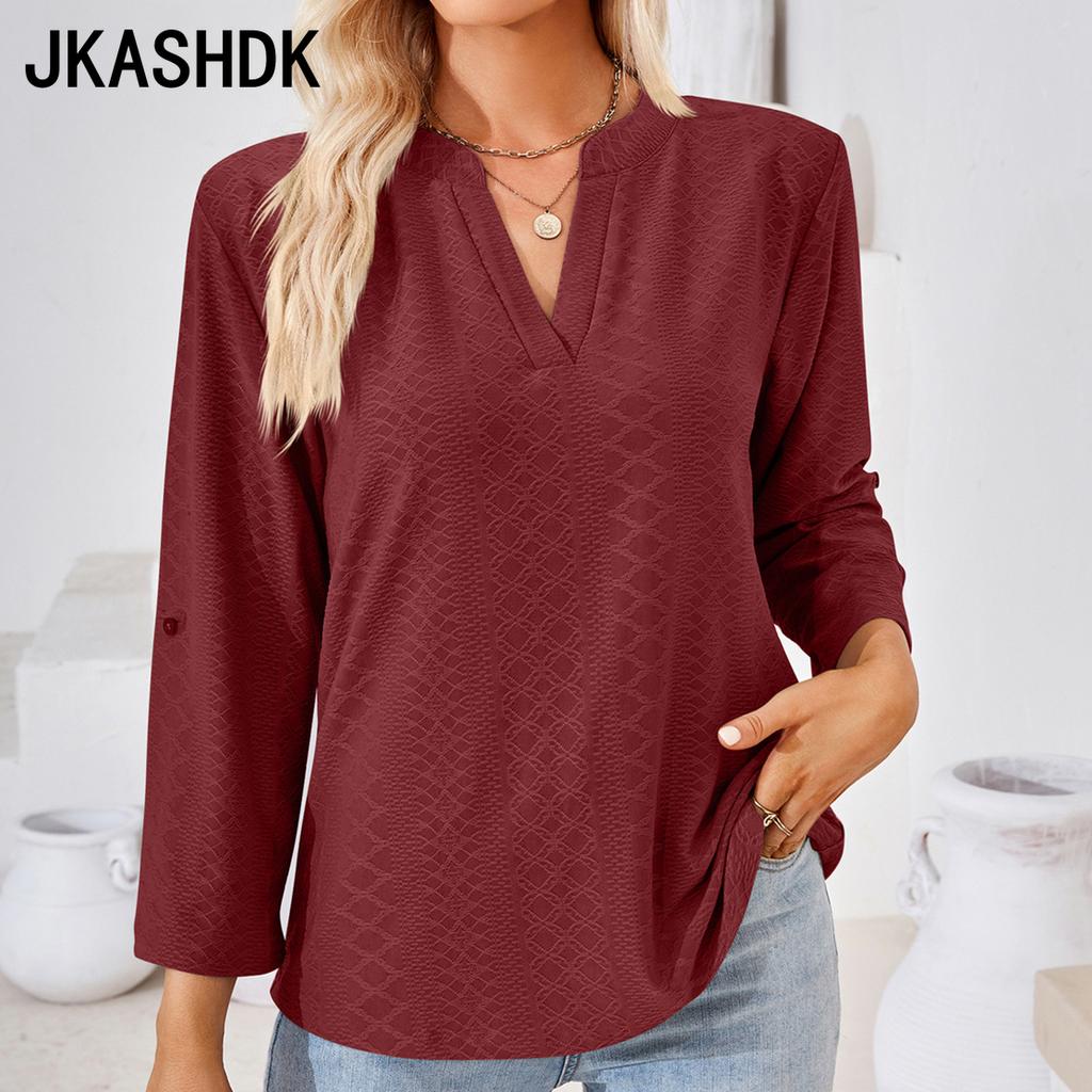 JKASHDK Damenmode Casual Sommer Frühling Einfarbig Druck 3/4 Ärmel V-Ausschnitt Blusen & Hemden