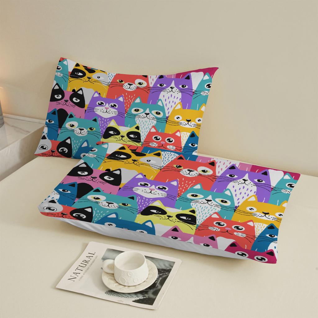 3 stuks Kleurrijke Katten Hoeslaken Cartoon Kattenpatroon 3D Print Cadeaus Voor Studenten Meisjes 100% Polyester Plat Laken Met Kussenslopen