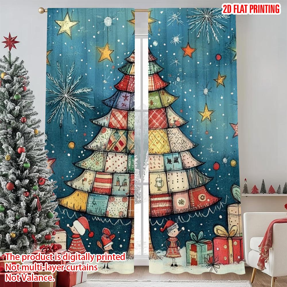 2pcs 2D Flat Printing Merry Christmas Curtain Christmas Tree6 Durable 100% Polyester Fabric Without Electricity Festive Wall
