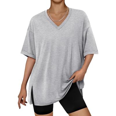 Spring and Summer New Simple and Fashionable Women's Wear Solid V-neck Short-sleeved Split Pullover T-shirt Top