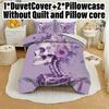 3Pcs Duvet Cover Set Without Core 1 Quilt Cover + 2 Pillowcases Soft And Machine Washable Purple Skull Floral Print Bedding Set