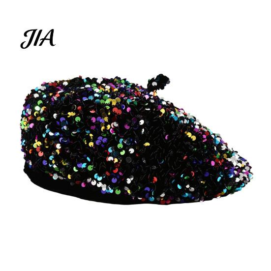 Sophisticated Daily Accessory Women Sequined Beret Hat, Sparkly Retro Artist Cap, Stylish Outdoor Fashion Headgear Adjustable Painter Cap for