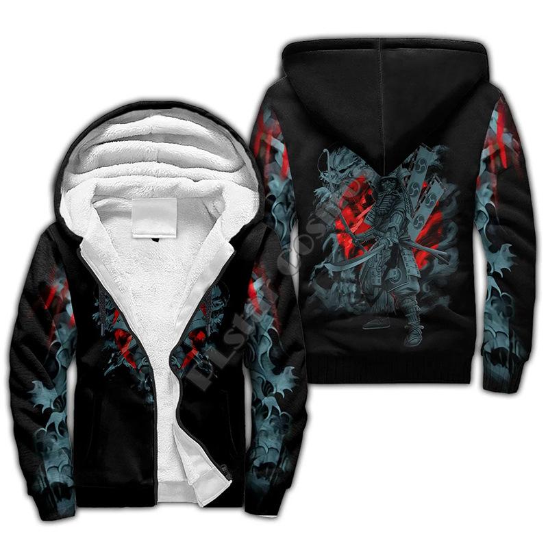 Moletom Quente de Veludo Estilo Outono e Inverno para Homens Conforto e Casual Moletom Cardigã com Capuz Estampado Digital 3D Tatuagem