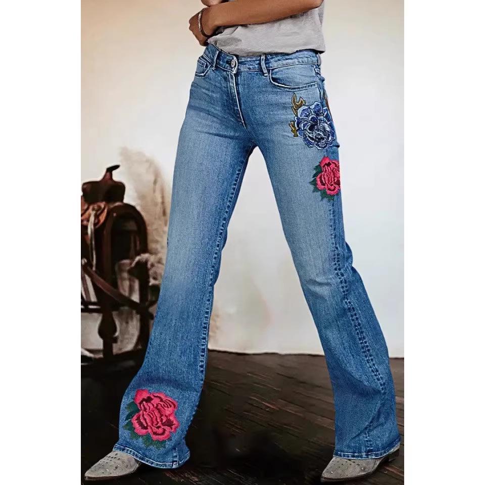 2026 Embroidered Floral Micro-Flare Slimming Wide-Leg Jeans