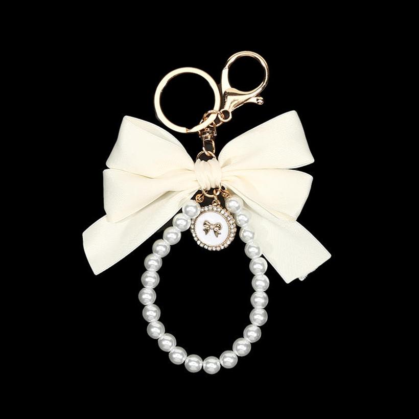 1PC Women Elegant Simulated Pearl Bow Wristlet Keychain Cute Aesthetic Bead Keychains Bag Charms for Handbags