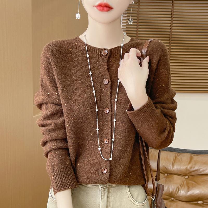 Spring and Autumn's New Wool Cardigan Women's Round-neck Sweater Coat