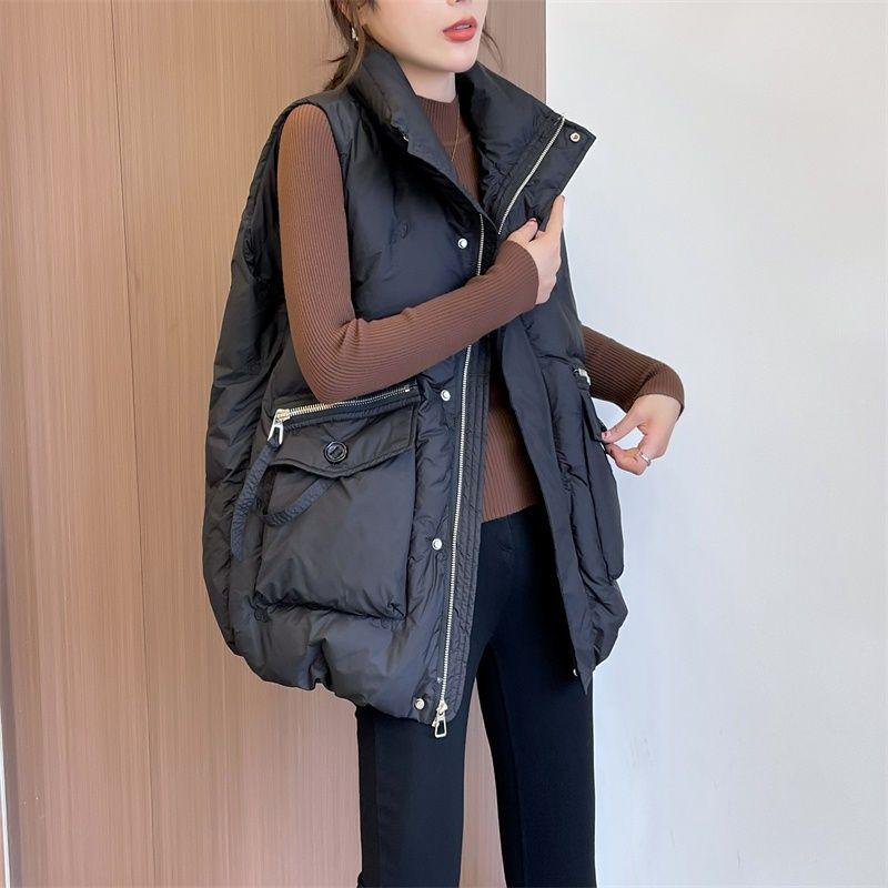 

Женский пуховый жилет Зимний Свободный Универсальный Безрукавный Топ Жилет Оверсайз Утепленный С Высоким Воротником Повседневный Однотонный Жилет XXXXL