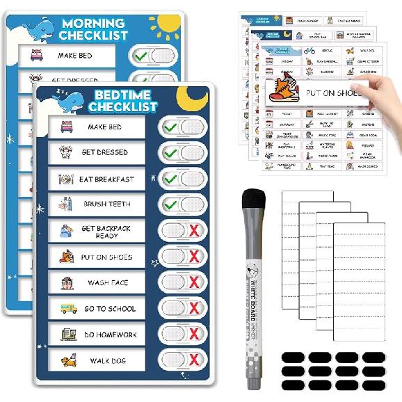 Upgraded Slider Morning/Bedtime Routine Chart for Kids Toddlers - Magnetic Kids Chore Chart for 2 Kids, Dry Erase Chore Chart for Kids, Visual