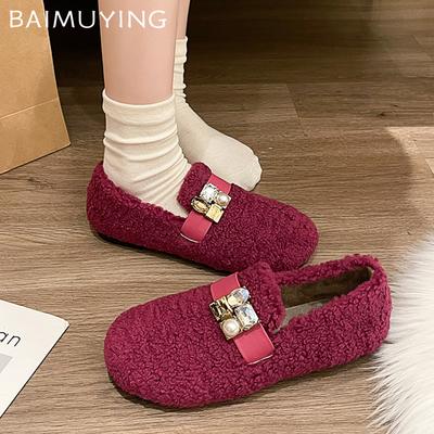 Bont Flats Dames Loafers Schoenen Kraal Kristal Designer Casual Schoenen 2025 Trend Kort Pluche Winter Katoenen Laarzen Warm Botas De Mujer