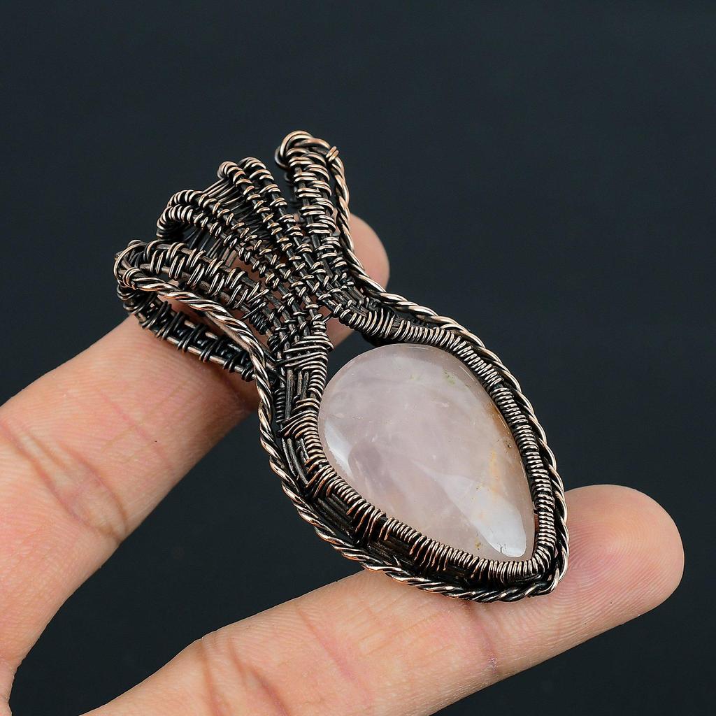 Awesome Rose Quartz Gemstone Handmade Pure Copper Wire Wrap Jewelry Pendant For Women