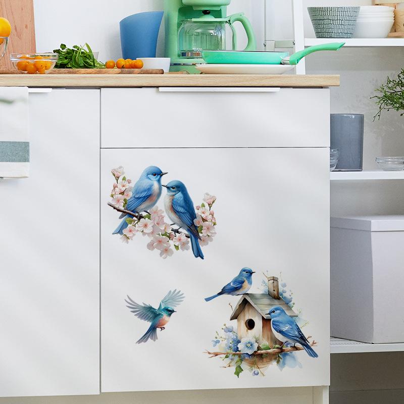 Blue Bird Nest Wall Sticker Removable Plant Flowers Bathroom Toilet Cover Refrigerator Door Cabinet Door Window Home Decor