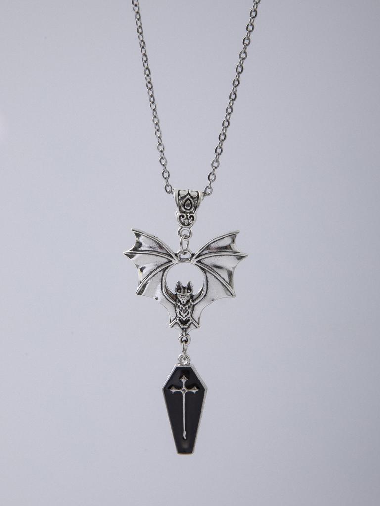 Exaggerated Gothic Sliver Color Vampire Bat Cross Red Coffin Pendant Necklace for Women Halloween Party Retro Punk Jewelry Gift