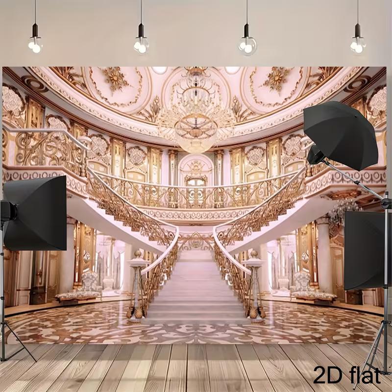 2D Luxury Palace Backdrop, Elegant Grand Staircase & Chandelier for Formal Photography Background 47.2x31.5inch/120*80cm