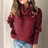 Women Turtleneck Pullover Button Long Sleeve Loose Knitted Sweater Tops