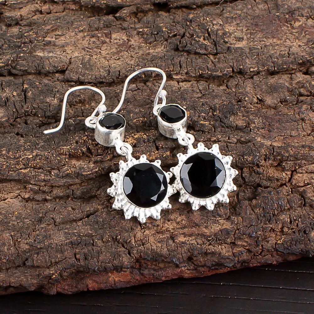 Black Onyx Gemstone 925 Sterling Silver Jewelry Handmade Earrings 1.80" For Gift EE-13-18