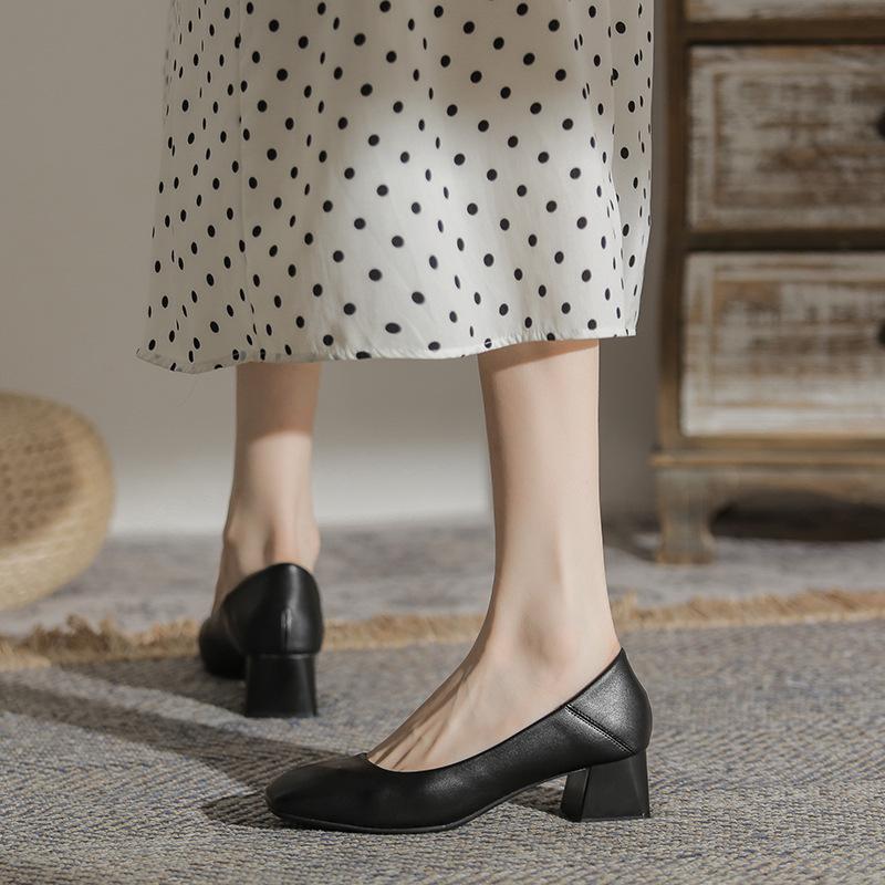 Soft leather thick heel single shoes women's summer and autumn square head medium heel professional high heels soft sole interview job shoes