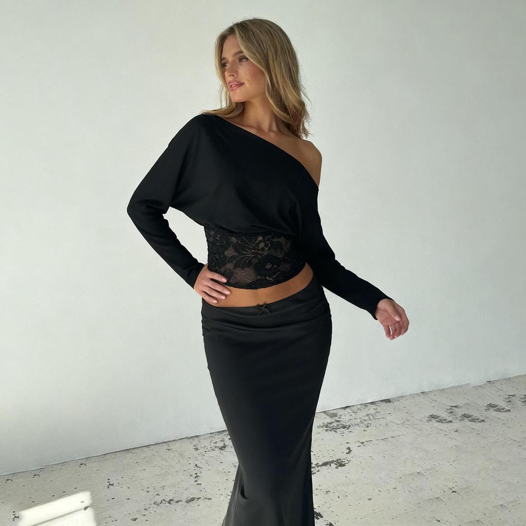 European & American One-Shoulder Lace Patchwork See-Through Cropped T-Shirt