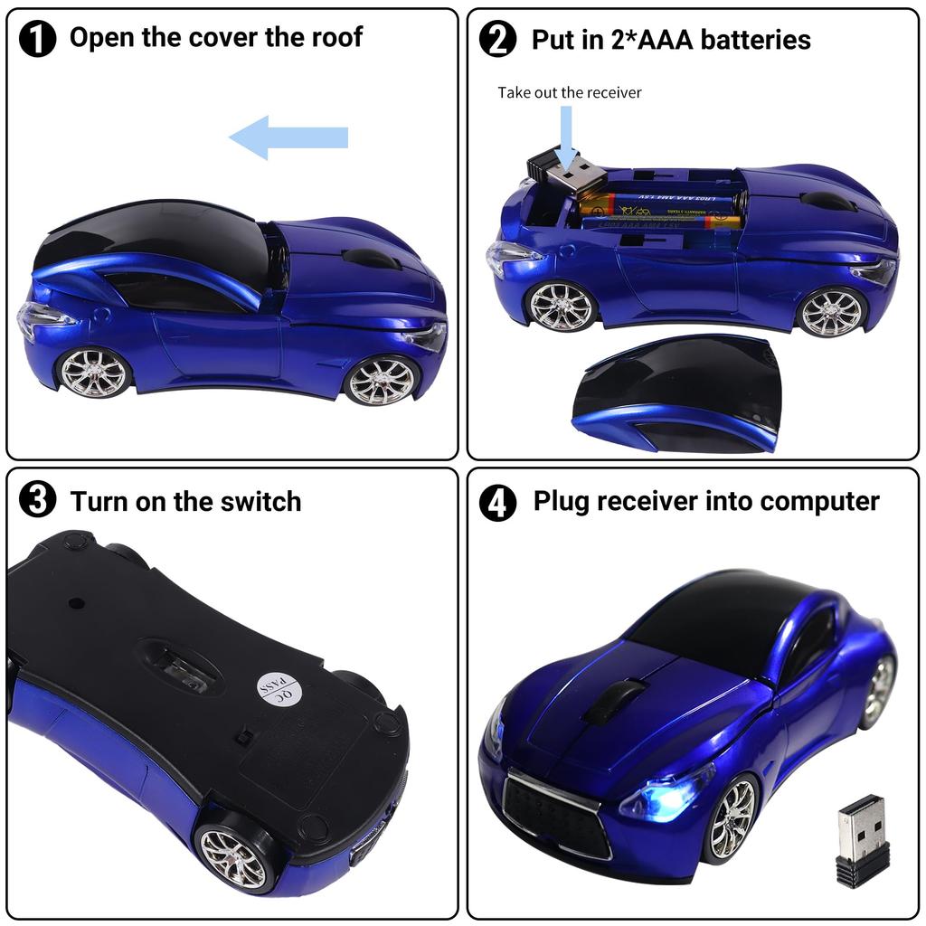 Wireless Car for and Compatible with Windows and Mac Blue 2.4GHz Mouse, Battery-Powered, Optical, Lightweight, Fun, Portable, Compact, Kids, PC,