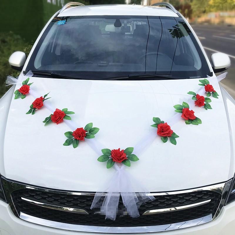 Soft Organza Tulle White Silk Rose Garland Romantic Wedding Car Front Hood And Door Handle Decoration Accessory