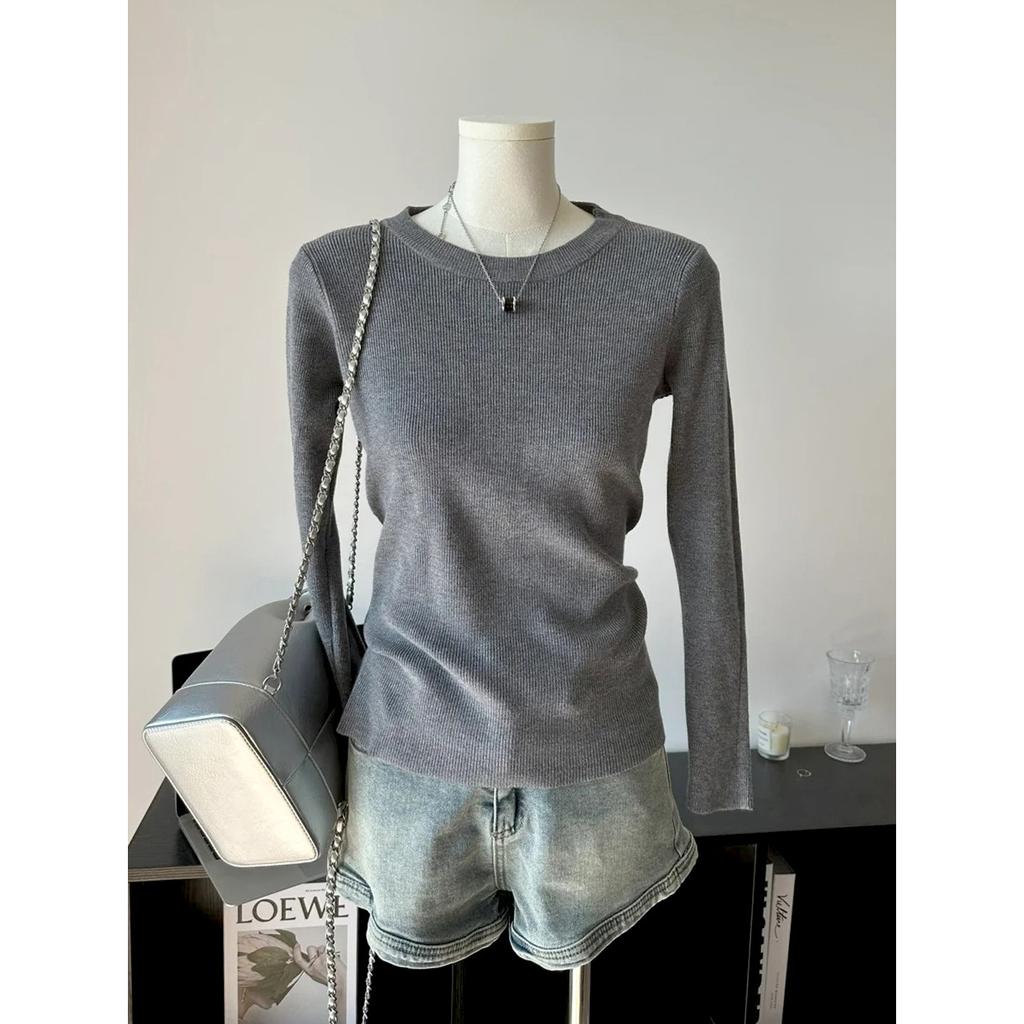 High-end front shoulder knitted sweater women's spring and autumn slim-fitting and thin long-sleeved bottoming top temperament soft waxy sweater