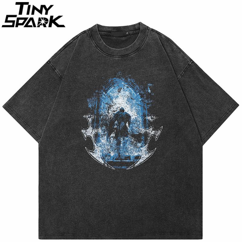 Hip Hop Retro Washed Black TShirt Streetwear Vintage Graphic Warrior T Shirt Cotton Men Tshirt Unisex Tops Tees Hipster