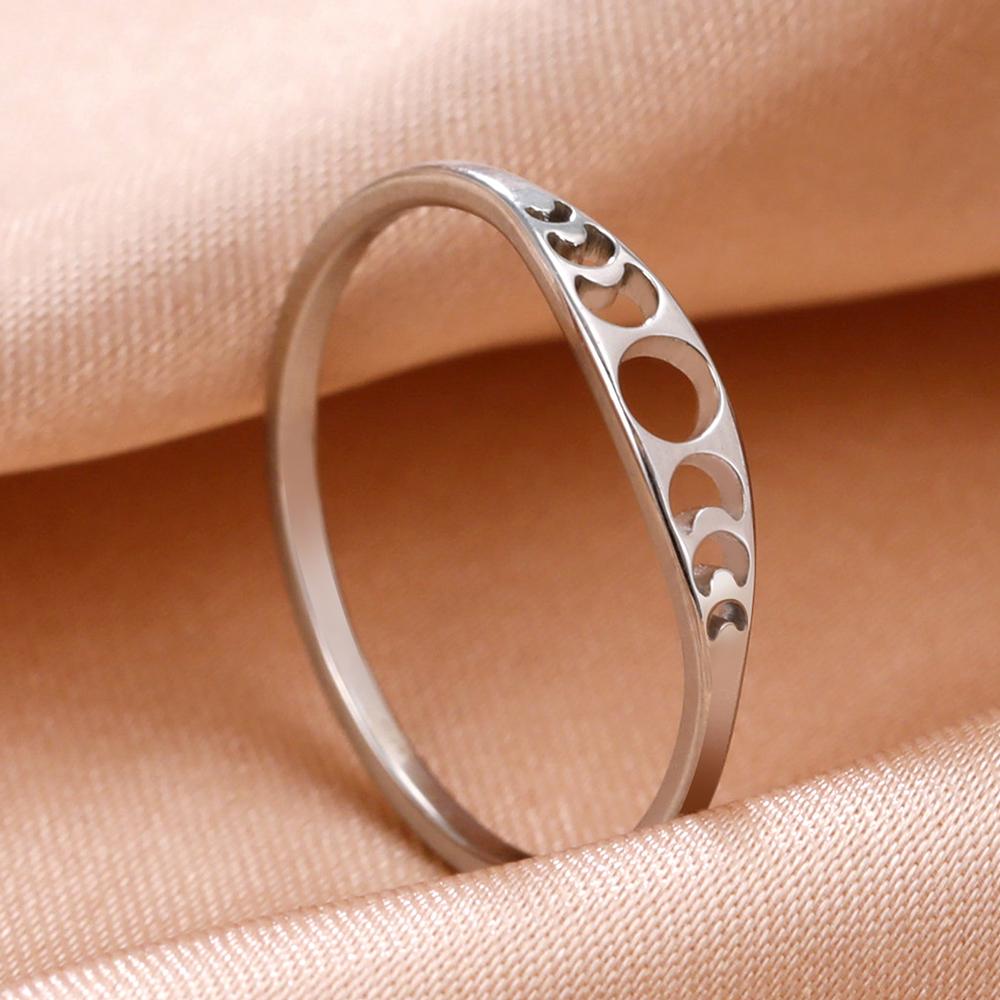 Dawapara Crescent Moon Fashion Women Ring Lunar Moon Phase Witch Stainless Steel Lucky Amulet Minimalist Jewelry