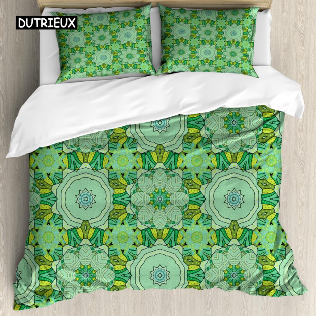 Mandala Bettbezug Set Boho Lotusblume Mikrokosmos Motiv Einzigartiges Retro Grün Thema Doppel Queen King Size Polyester Qulitbezug