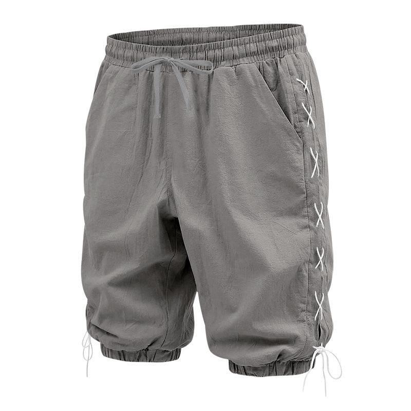Men's Linen Casual Shorts Side Drawstring Cotton Linen Breathable Beach Pants Summer Lightweight Loose Fit Straight Leg