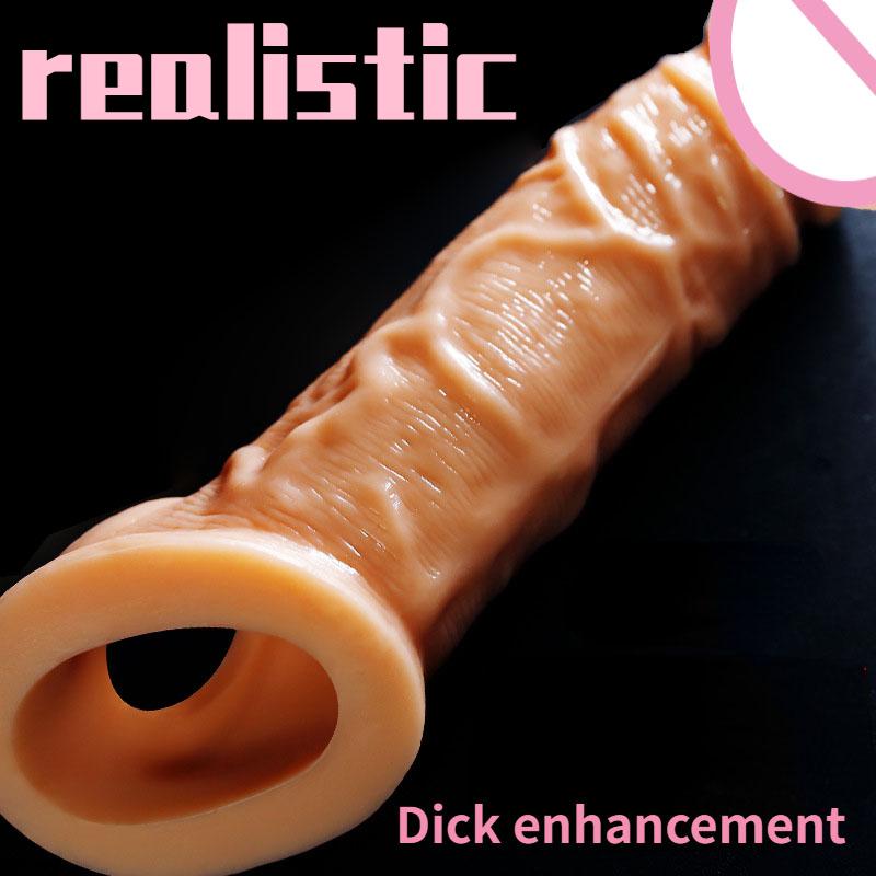 21cm Realistický rukáv na penis Velký rukáv na zvětšení penisu Zámek na prodloužení penisu Sperm Kondom Sexuální hračky pro muže Sexuální produkty