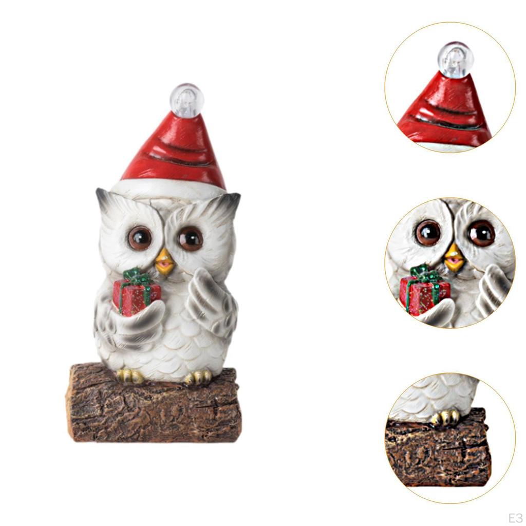 Christmas Owl Sculpture Big Eyes Statue with Light House Decor Craft Figurine for Desktop
