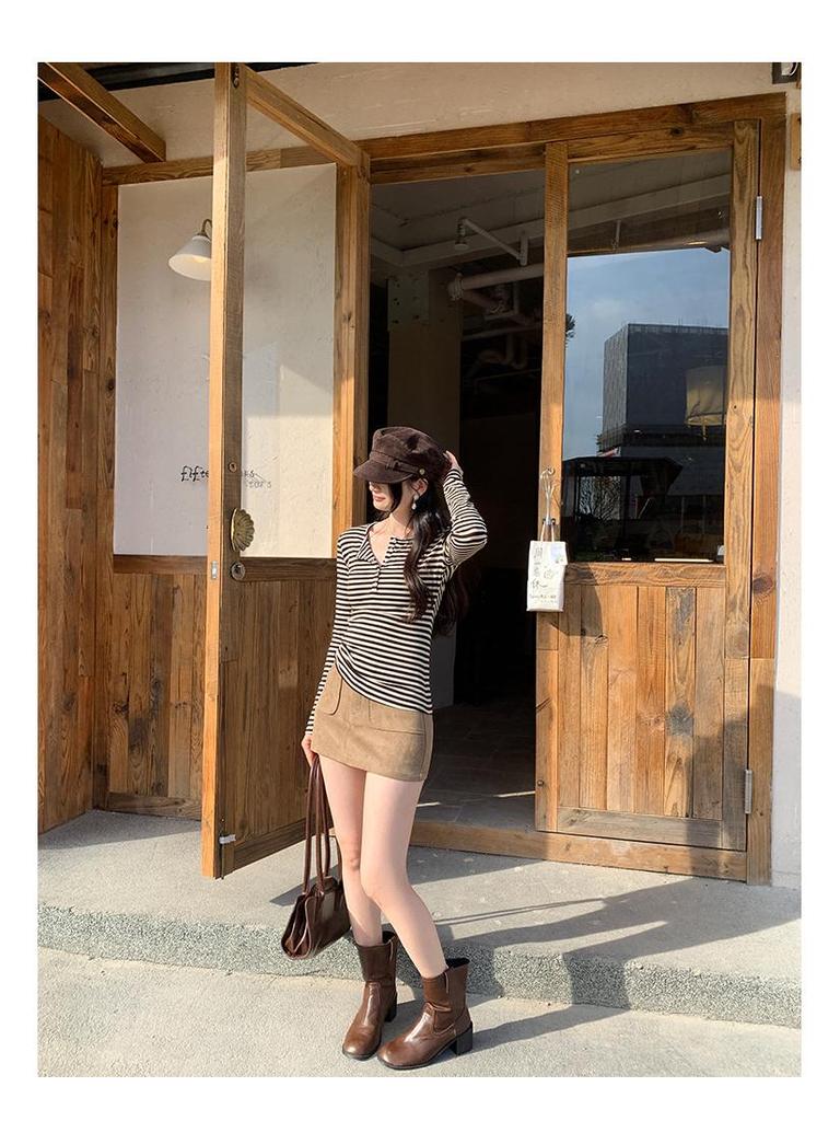 Women's High-End Lyocell Tencel Stripe Henley Neck Slim Fit Long Sleeve Top for Autumn/Winter