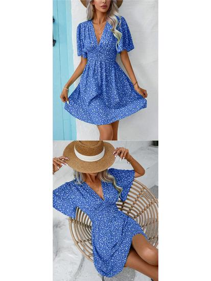 Summer Floral V-Neck Midi Dress with Pleated Skirt and Mid Sleeves