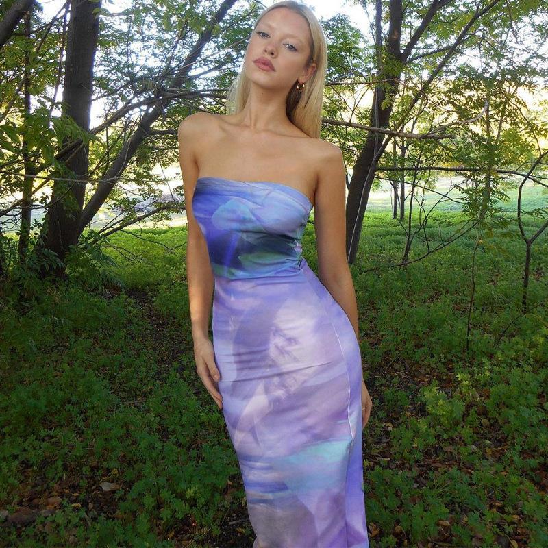European and American style women's new summer fashion printing slim-fitting and thin backless tube top dress