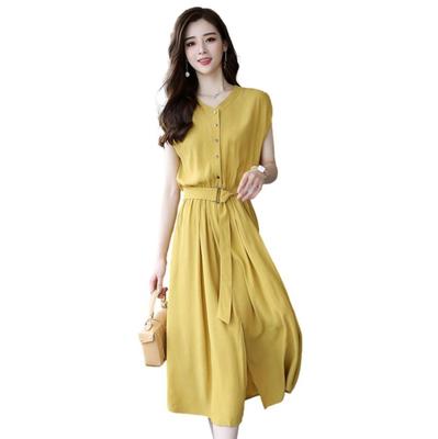 Blue Beryl Midi Dress with Waist French and Mustard Women's A-Line Belt, Chiffon, Sleeves, Collarless, Color, BB003-YE-S
