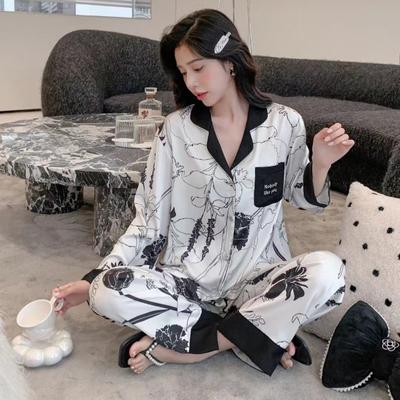 Ice Silk Pajamas for Women Spring and Autumn New Long-sleeved Cardigan Simple Ink Home Wear Pajamas Set