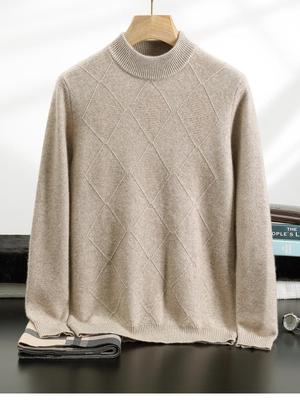Men's Diamond Jacquard Cashmere Sweater, Half-high Collar, Versatile Wool Knitwear