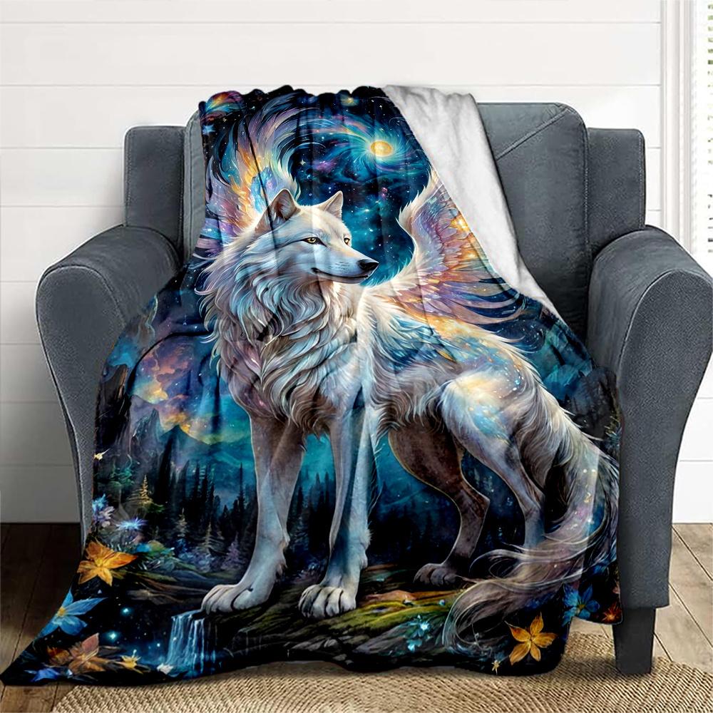 1pc Celestial Wolf Mythical Beast Flannel Blanket, Comfortable and Warm Blanket, for Camping Sofa Bed and Couch Office041