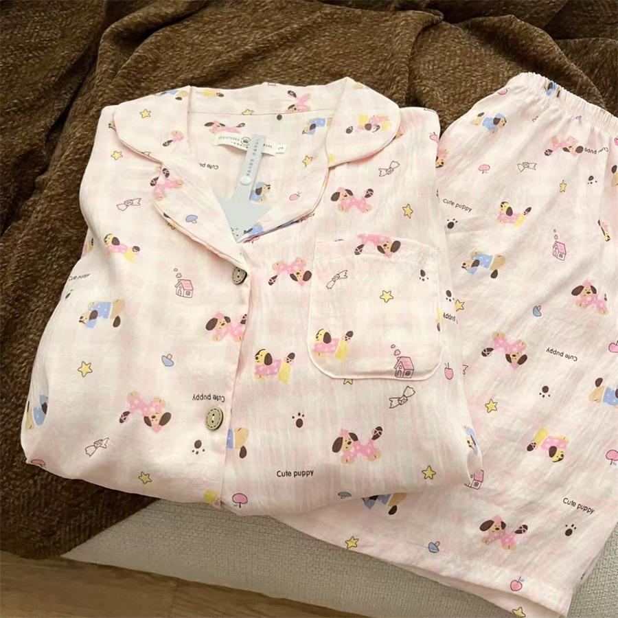 

Sweet pink plaid dachshund pajamas women s summer short-sleeved shorts cardigan set women s princess style loungewear XXL