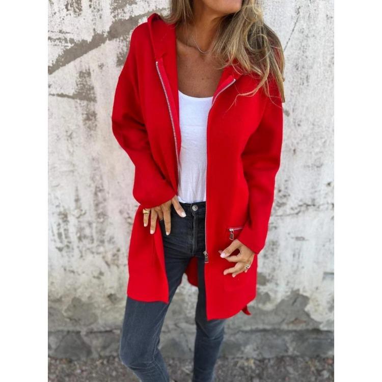 Autumn Winter Loose Fashion Casual Women Mid Length Cardigan Coat Long Sleeve Hooded
